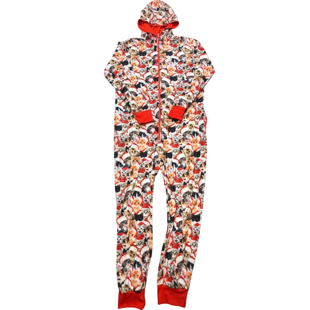 Tipsy Elves Christmas Cat Santa Hat Hooded Jumpsuit Pajamas Womens XL Red Zip Up